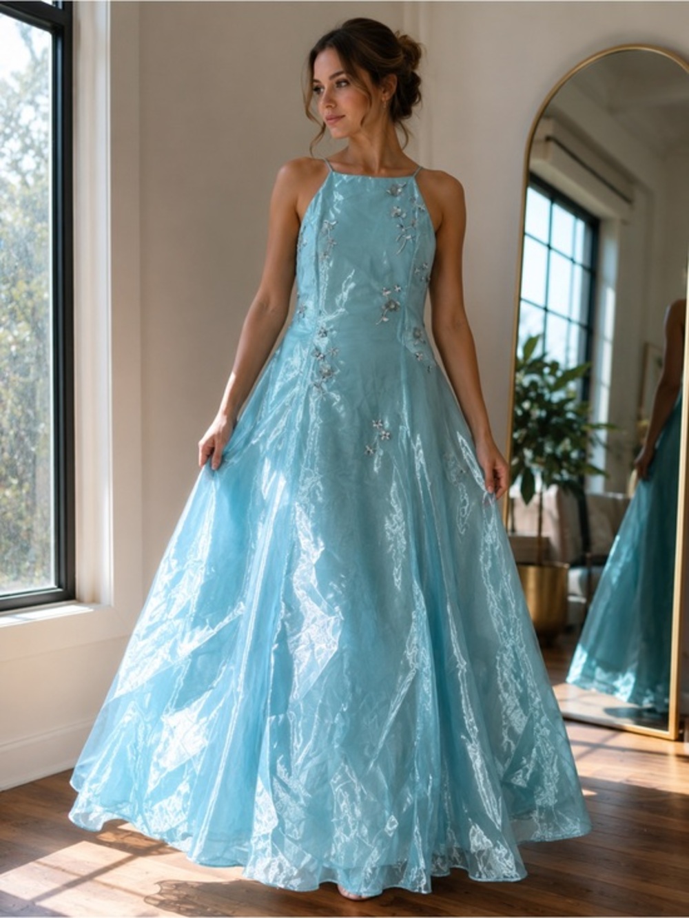 L.A. GLO vintage made in USA taffeta blue high neck gown prom open back 90s Y2K